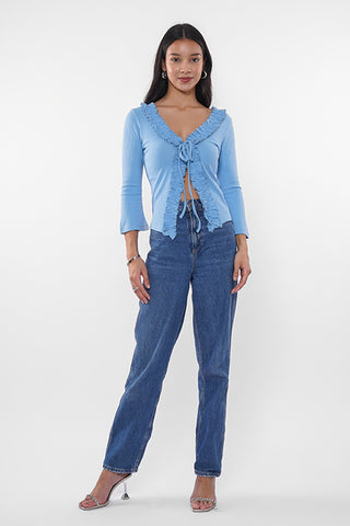 Ribbed Ruffle Tie Up Top