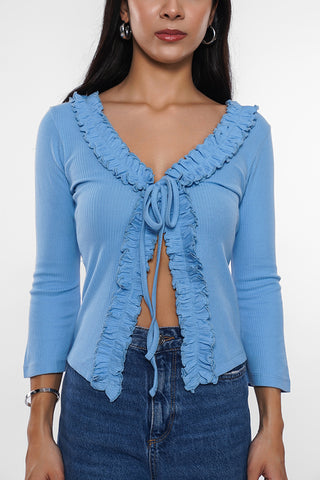 Ribbed Ruffle Tie Up Top