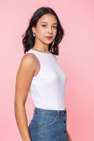 Ribbed Multicolor Contrast Trim Top